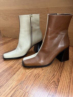 ALOHAS Two-Tone Square Toe Ankle Boots in Cream & Brown